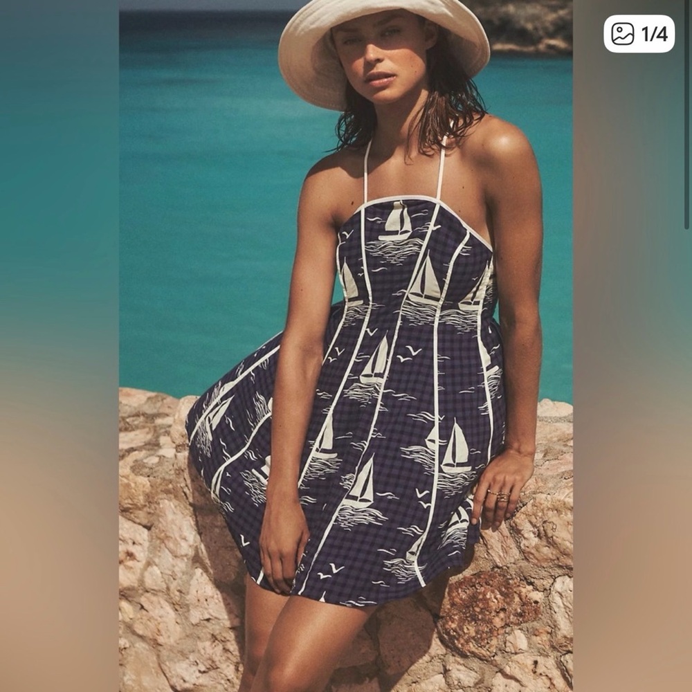 NWT ANTHROPOLOGIE CELANDINE Navy Blue White Sailboat Sundress Swim Dress Beach